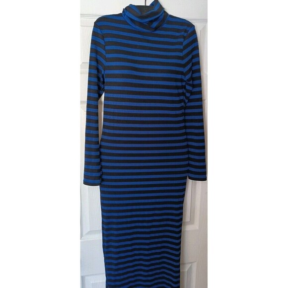 Collusion Maxi Dress Size 8 Blue Bodycon Striped Ribbed Turtleneck Long Sleeve - Picture 6 of 6